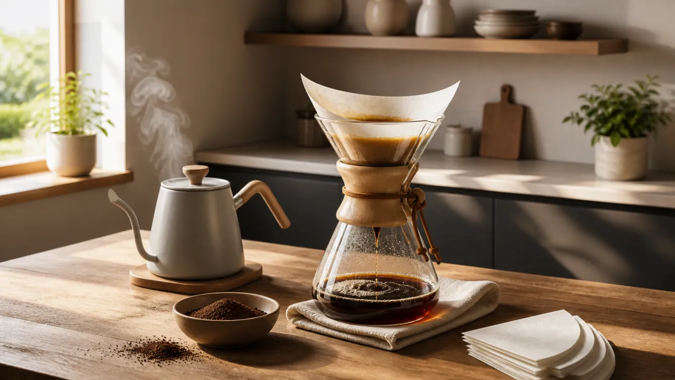 A Chemex coffee maker with coffee accessories in a modern kitchen